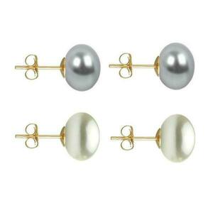 Set Cercei Aur cu Perle Naturale Gri si Albe de 10 mm - Cadouri si Perle imagine