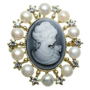 Brosa Pandantiv camee gri cu perle naturale albe - Cadouri si perle imagine
