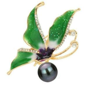 Brosa Pandantiv Fluture Verde cu Perla Naturala Neagra - Cadouri si perle imagine