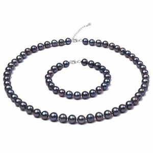Set Colier si Bratara cu Perle Naturale Negre de 7-8 mm si Inchizatori din Argint imagine