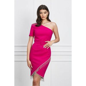 Rochie Beatrice fucsia cu fanjuri din strasuri si curea in talie imagine