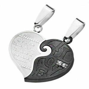 Pandantive cuplu - inimă mată divizată în culoarea negru cu argintiu, inscripție romantică imagine