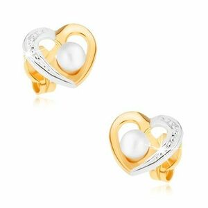 Cercei din aur 375 placaţi cu rodiu - contur de inimă în două culori, perlă albă imagine