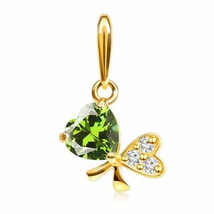 Pandantiv din aur 375 - fundiţă din două inimi, zirconiu verde deschis, zirconii transparente imagine