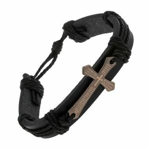 Brăţară realizată din piele sintetică neagră și șnururi, cruce mare lucioasă cu rugăciune imagine