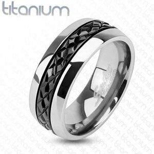 Verighetă lucioasă din titan de culoare argintie, crestături transversale pe o bandă neagră, 8 mm - Marime inel: 60 imagine