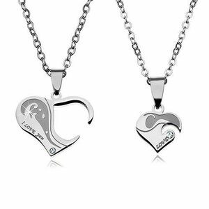Set de două coliere pentru cuplu, din oțel, pandantive sub formă de inimă cu inscripții și zirconii imagine