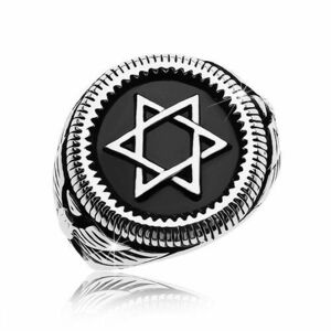 Inel masiv, argintiu, oțel de 316L, Steaua lui David în cerc negru - Marime inel: 58 imagine