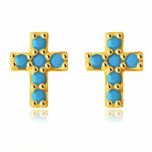 Cercei din aur de 9K – cruce latină micuță împodobită cu turcoaz rotund, știfturi imagine