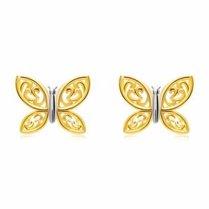 Cercei din aur combinat de 14K - fluture bicolor cu aripi sculptate, știfturi imagine
