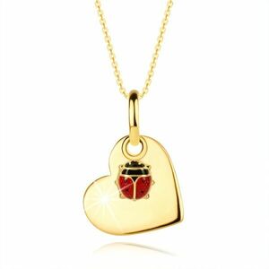 Colier din aur de 14K – o inimă plată, o buburuză mică cu aripi roșii imagine