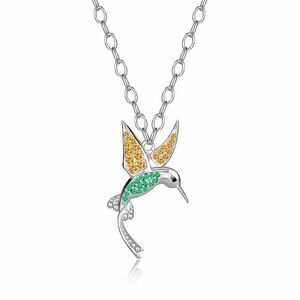 Colier din argint 925 – pasăre colibri, piatră galbenă, verde, neagră, lanț subțire imagine