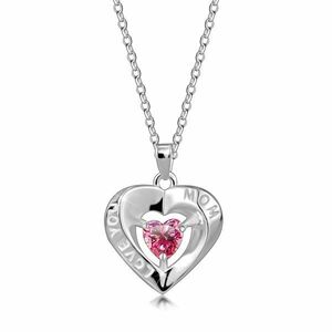 Colier din argint 925 – conturul inimii, zircon inimă roz, inscripția „LOVE YOU MOM” imagine