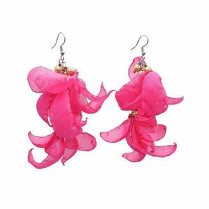 Cercei lungi roz aprins cu frunze din voal, Zia Fashion, Flamingo Style imagine