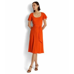 Imbracaminte Femei LAUREN Ralph Lauren Belted Crepe Flutter-Sleeve Dress Vivid Tangerine imagine