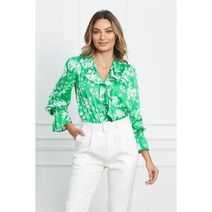 Bluza Dy Fashion din satin verde cu flori albe si volan pe bust imagine