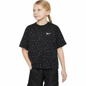 Nike NSW TEE BOXY SWOOSH AOP Tricou pentru fete, negru, mărime S imagine
