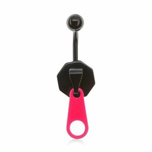 Inel negru pentru buric realizat din oțel inoxidabil, fermoar cu o cheiță roz neon imagine