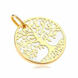 Pandantiv din aur 585 - cerc cu sidef alb, decorat cu copacul vieții imagine