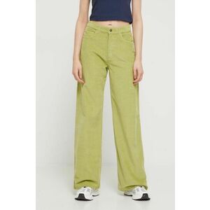 Roxy pantaloni de catifea cord culoarea verde, lat, high waist imagine