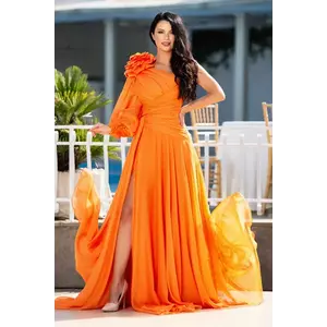 Rochie de lux Chic Diva orange lunga cu fronseuri si floare 3D imagine