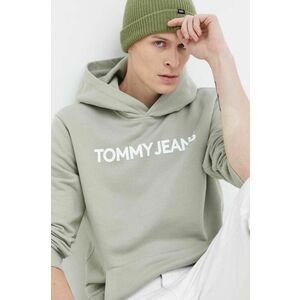 Tommy Jeans hanorac de bumbac barbati, culoarea verde, cu glugă, cu imprimeu imagine