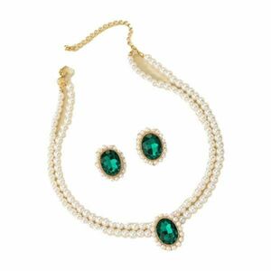Set Cercei + Colier, Perle cu Piatra verde imagine