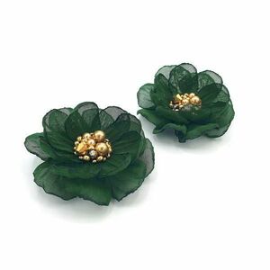 Cercei cu clips floare verde mijloc auriu cu perle si cristale 5 cm, Corizmi, Olivia imagine