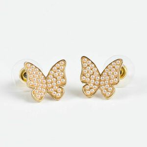Cercei fluturi aurii cu perle acrilice albe imagine