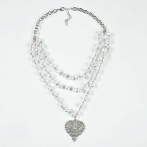 Colier argintiu cu perle acrilice albe si pandantiv inima imagine