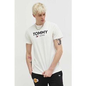 Tommy Jeans tricou din bumbac bărbați, culoarea bej, cu imprimeu DM0DM18264 imagine