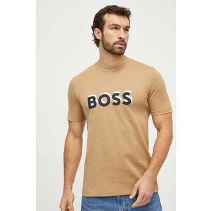 BOSS tricou din bumbac barbati, culoarea bej, cu imprimeu imagine