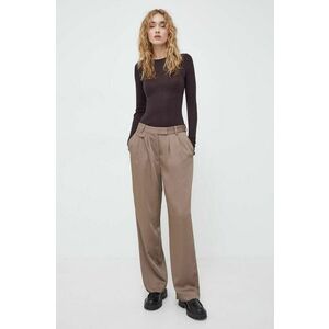 Bruuns Bazaar pantaloni femei, culoarea bej, drept, high waist imagine