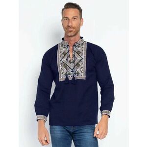 Bluza barbat tip ie din bumbac bleumarin cu model traditional imagine