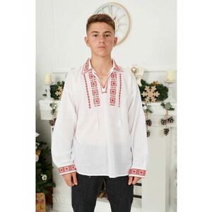 Bluza Traditionala pentru Baieti din Bumbac Alb cu Motive Geometrice Rosii imagine