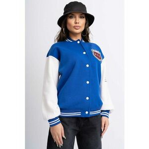 Jacheta Dama din Bumbac Vatuit Albastru cu Maneci Albe Model Baseball imagine