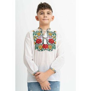 Bluza Traditionala Pentru Baieti din Bumbac Alb cu Broderie Colorata imagine
