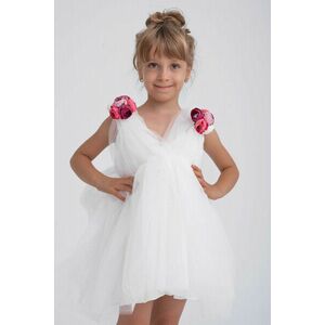 Rochie de ocazie din tul alb cu aplicatii florale pe umeri pentru fetite imagine