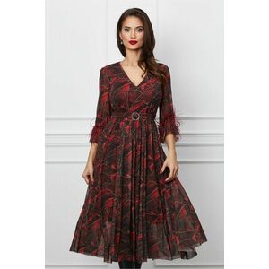 Rochie Dy Fashion midi neagra cu imprimeu floral bordo si pene la maneci imagine