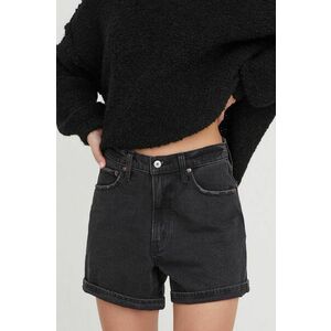 Abercrombie & Fitch pantaloni scurti jeans femei, culoarea negru, neted, high waist imagine