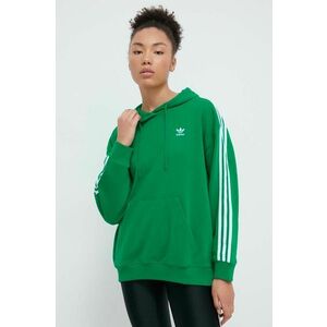 adidas Originals bluză 3-Stripes Hoodie OS femei, culoarea verde, cu glugă, cu imprimeu, IN8398 imagine