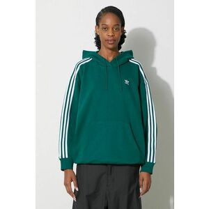 adidas Originals bluză 3-Stripes Hoodie OS femei, culoarea verde, cu glugă, cu imprimeu, IN8400 imagine