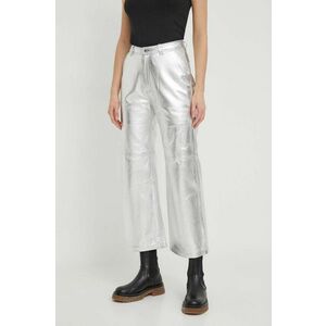 Pepe Jeans pantaloni de piele femei, culoarea argintiu, drept, high waist imagine