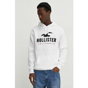 Hollister Co. bluza barbati, culoarea alb, cu glugă, cu imprimeu imagine