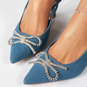 Pantofi cu toc dama albastri din material textil Mira #18398 imagine