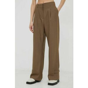 Herskind pantaloni din lana Logan femei, culoarea maro, lat, high waist imagine
