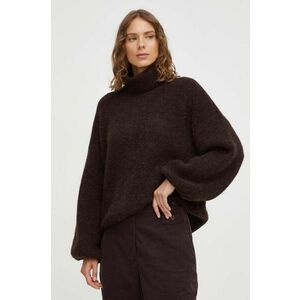 Gestuz pulover de lana femei, culoarea maro, călduros, cu guler imagine