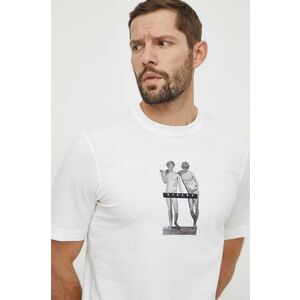 Sisley tricou din bumbac barbati, culoarea bej, cu imprimeu imagine