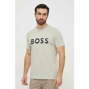 Boss Green tricou din bumbac barbati, culoarea bej, cu imprimeu imagine