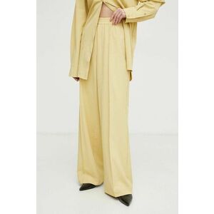 Gestuz pantaloni femei, culoarea galben, lat, high waist 10908850 imagine
